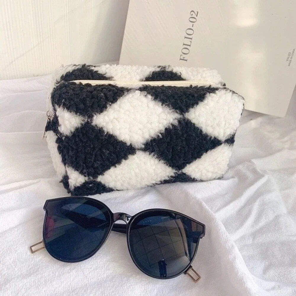 Black Checkered Plush Cosmetic Makeup Bag